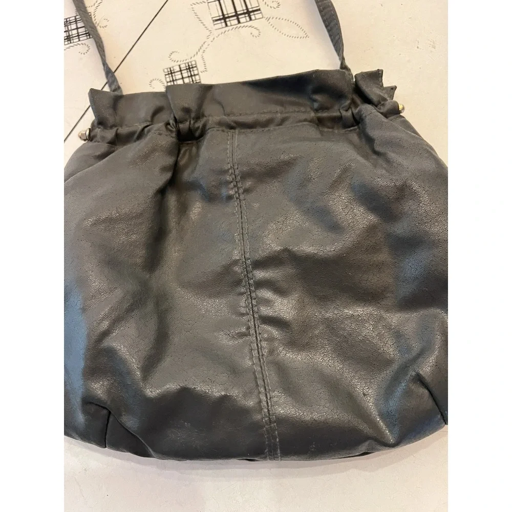 Vintage Gray Leather Handbag Kiss Lock Frame Hobo Shoulder Bag Ruched Top